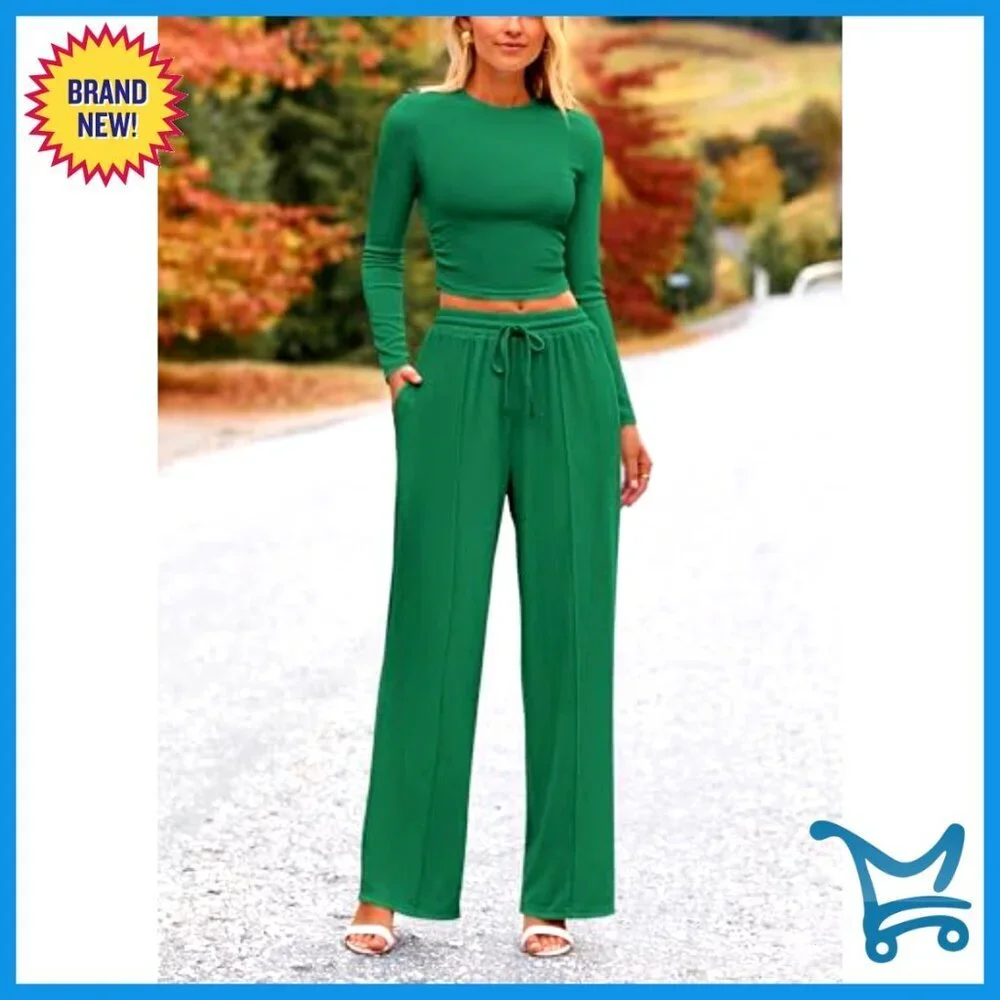 Women's Long Sleeve Crop Top Wide Leg Pants Set Chic Casual Tracksuit